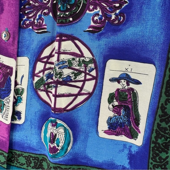 COMO Studio Vintage Artsy Hippie Tarot Print Shirt Teal Purple Rayon Size 6 - Picture 7 of 16